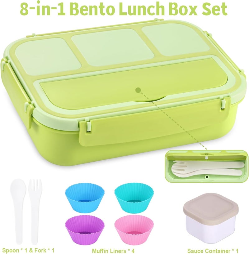 shell and turtle Bento Box Adult Lunch Box, Lunch Containers for Kids Girls Boys with 4 Compartments, Lunchable Food Container with Utensils, Sauce Jar, Muffin Liners, 40 Oz/5 Cup, Bright Green - Image 5